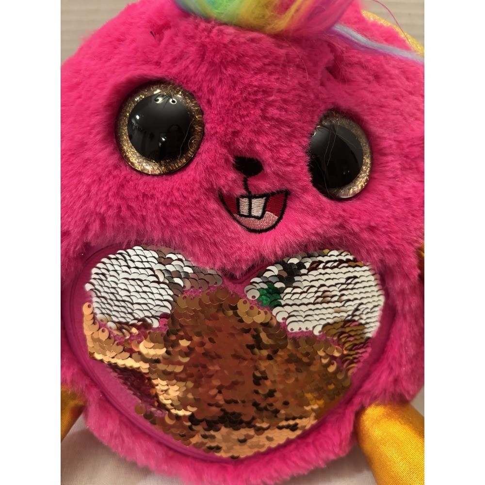 9" Rainbocorn Bright Pink Bunny Rabbit Unicorn Rainbow Hair Glitter Eyes Plush - Picture 8 of 8